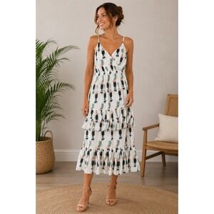 & Other Stories Toucan Pleated Midi Dress Sz 2 Tier Tropical Resortwear Boho LA